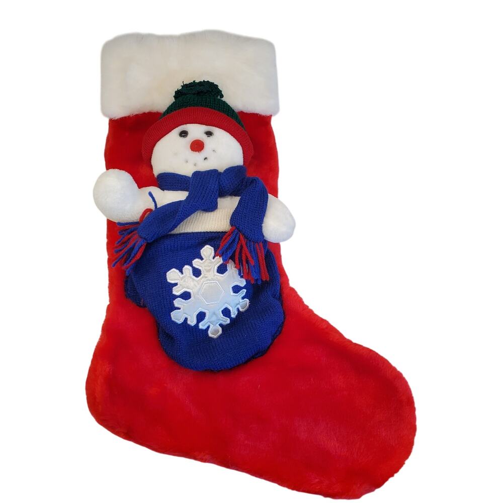 Vintage 3D Snowman Christmas Stocking 18" Red Blue